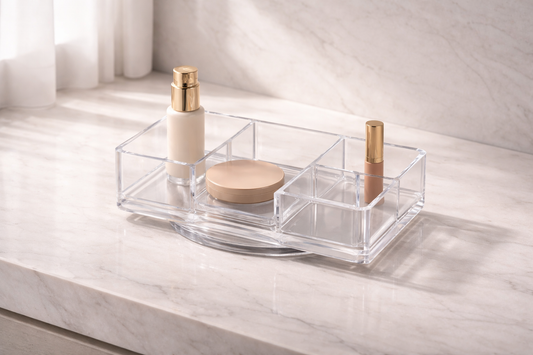 Best makeup organizer for fast routines featuring a clear stepped acrylic display for easy visibility and access