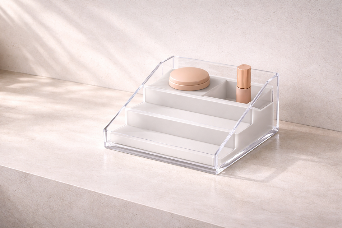 Best makeup organizer for quick routines that improves daily flow featuring a clear tiered storage unit with multiple drawers and a stepped vanity display for beauty products