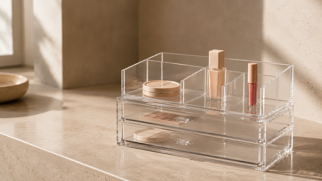 Transparent makeup organizer with separated daily makeup products and open visibility layout.