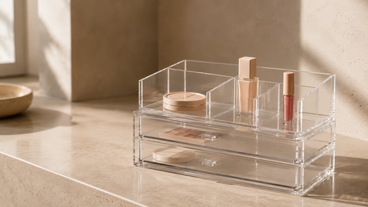 Transparent makeup organizer with separated daily makeup products and open visibility layout.
