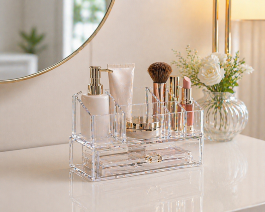 Premium clear acrylic makeup organizer with 2–4 items arranged in a compact layout for small vanity space efficiency.
