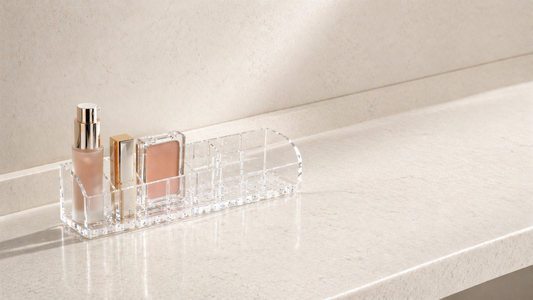 High-end acrylic organizer with clear separation and balanced spacing, showing efficient use of limited small vanity space with minimal items.
