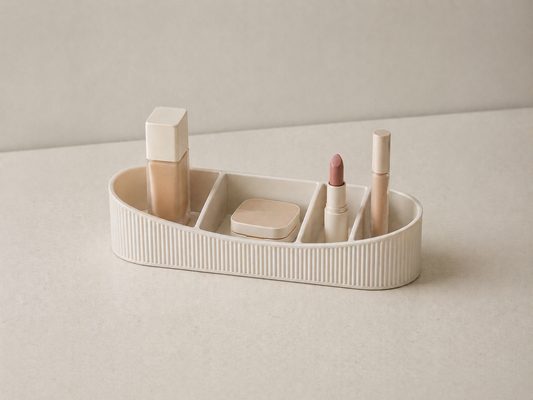 Makeup organizer with structured compartments for daily use.