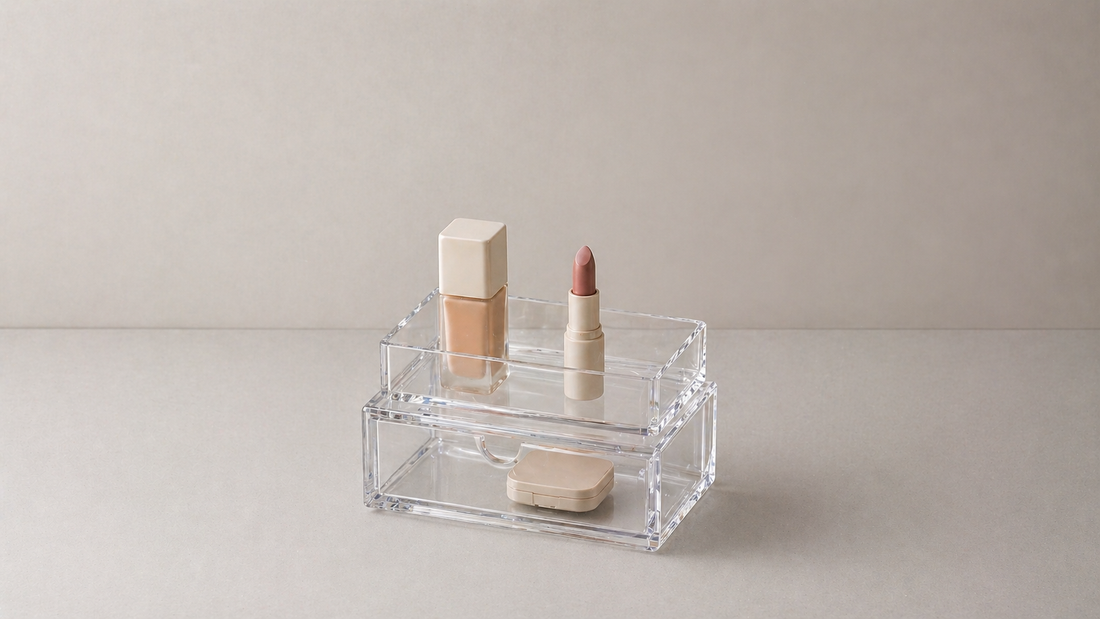 Makeup storage system with structured layout and spacing.