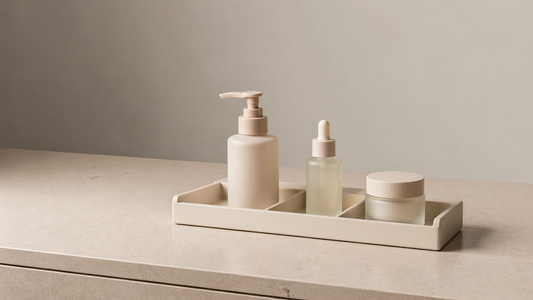 Open skincare organizer in a small space.