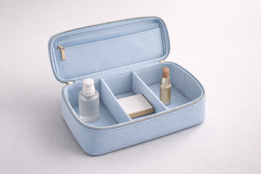 Travel makeup organizer with partitioned compartments and 3 items separated with spacing for easy access and organization