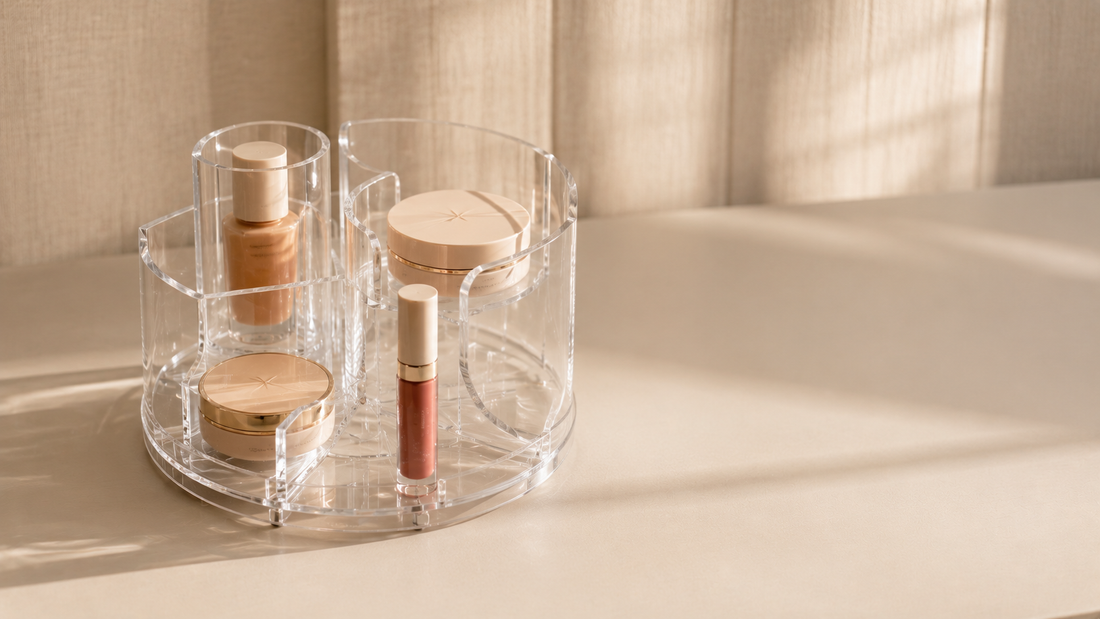 Makeup organizer with separated sections for daily makeup access and visibility.