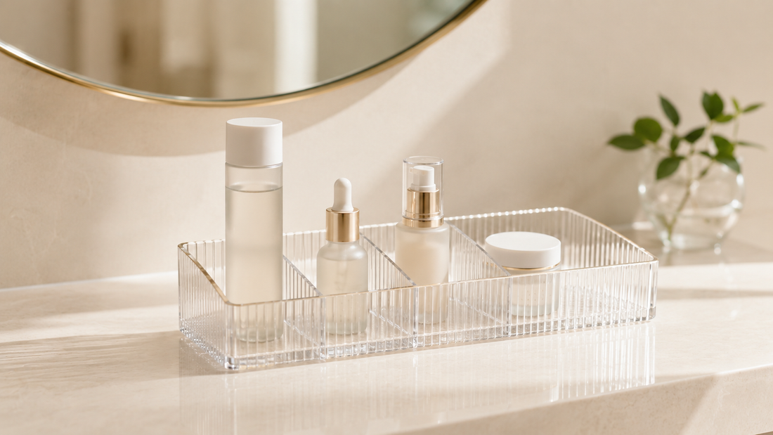 Minimal skincare organizer with separated compartments for daily skincare access and improved product visibility.