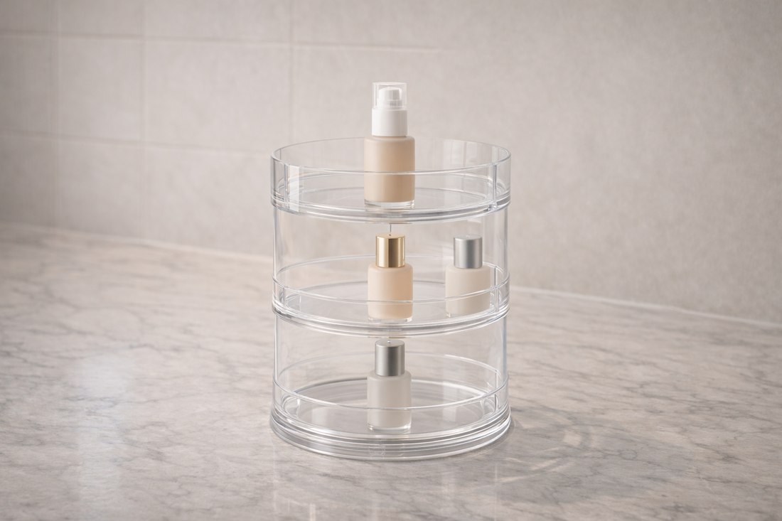Two separate vanity organizers with a clear boundary gap defining individual storage zones for shared bathroom use