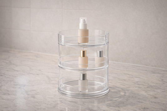 Two separate vanity organizers with a clear boundary gap defining individual storage zones for shared bathroom use