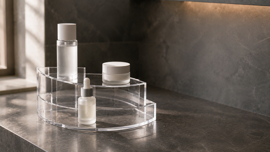 Clear skincare organizer with separated products arranged for fast daily skincare access and visibility
