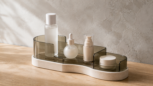 Skincare storage system with organized layout and structured spacing.