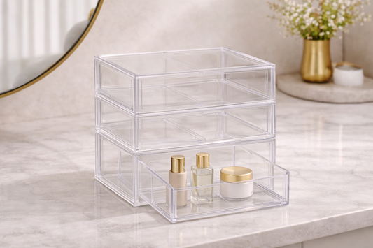 Multiple clear drawers stacked together to create a custom beauty storage tower.