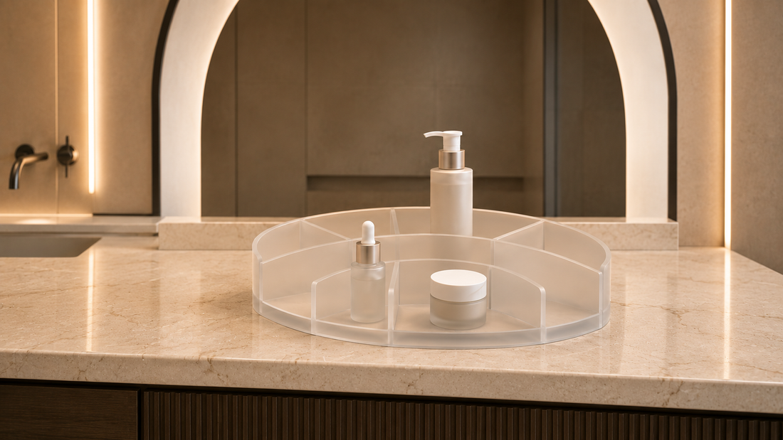 Bathroom vanity organizer with curved compartment spacing for structured skincare access.