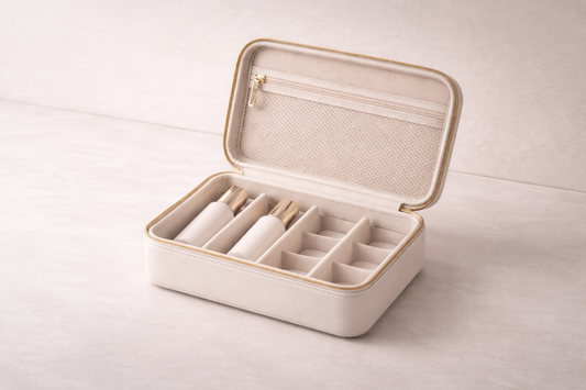 Hard-shell travel beauty organizer with divided compartments securing items in place for stable carry-on packing