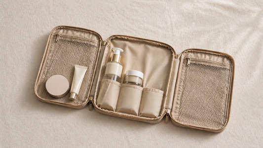 Compact travel makeup organizer with spaced items for efficient packing and quick access.