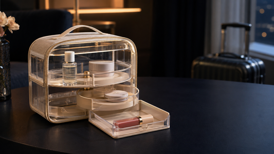 Compact travel beauty organizer arranged for quick access and product visibility.