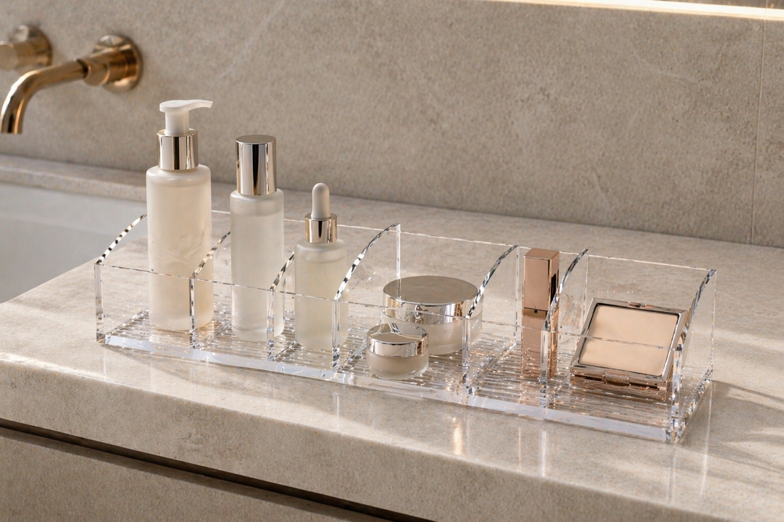 Vanity organizer divided into skincare and makeup zones with clear spacing for structured daily flow.