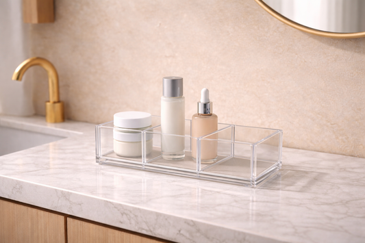 Clear acrylic vanity organizer with 3 items and one empty section, showing a minimal multi-step setup that feels complete without adding more products.