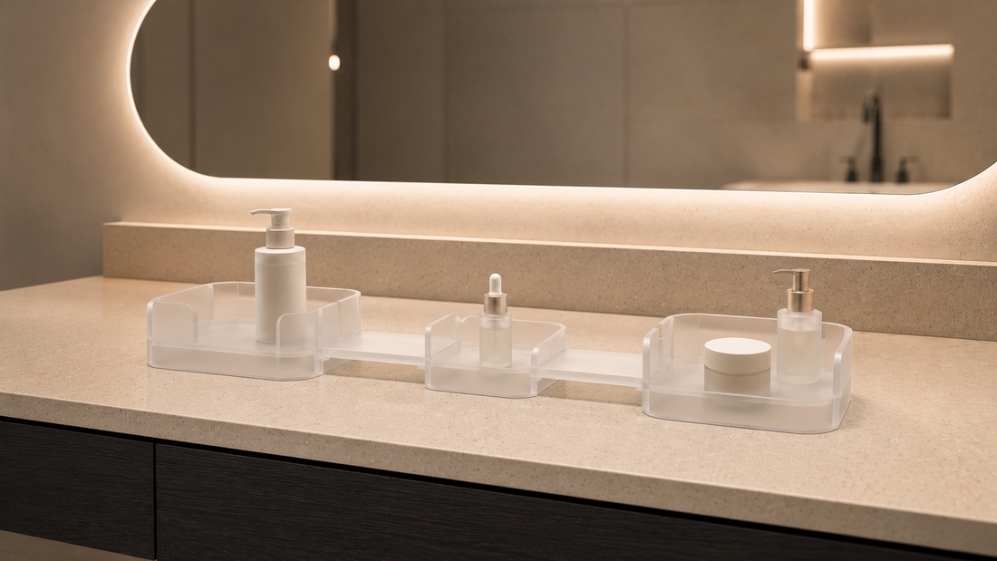 Bathroom vanity organizer with connected skincare zones and coordinated spacing flow.