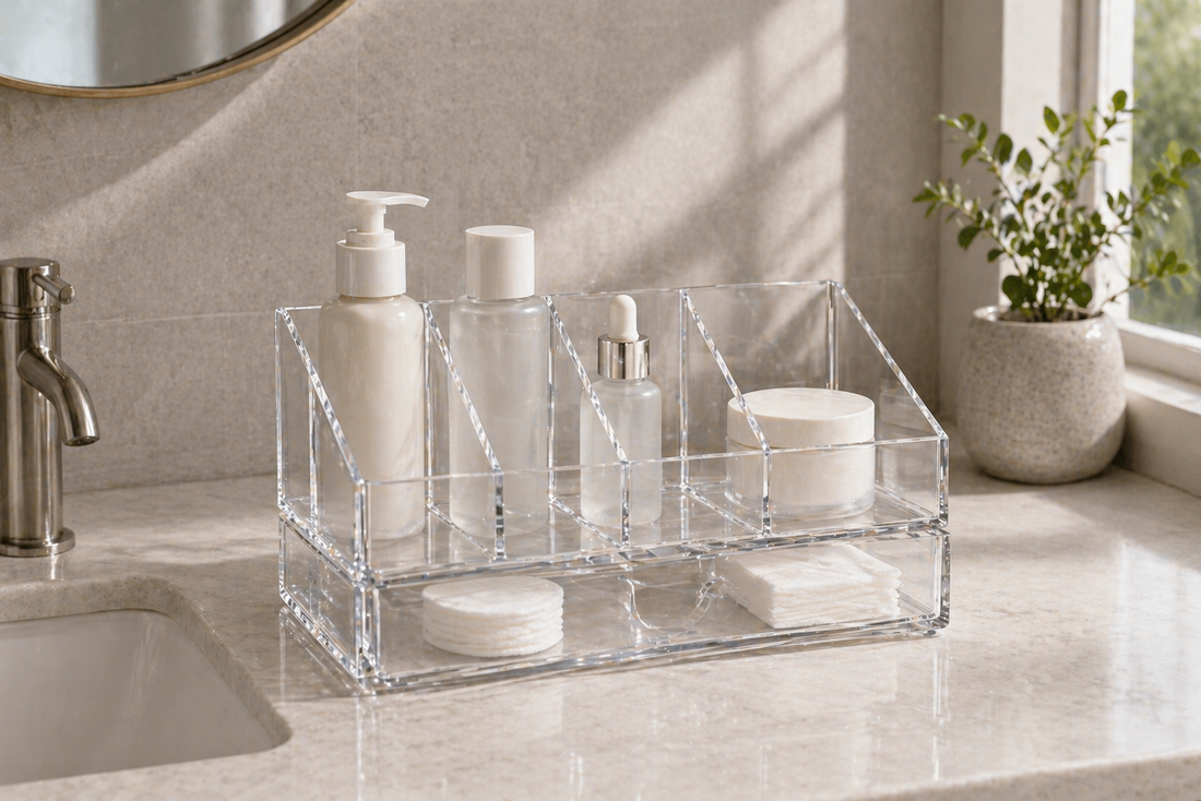 Vanity organizer with structured compartments for daily skincare routines