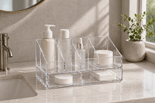 Vanity organizer with structured compartments for daily skincare routines