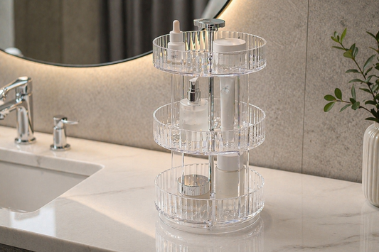 Premium 3-tier rotating vanity organizer for compact bathroom layouts.