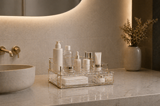 Vanity storage system with structured layout and balanced spacing