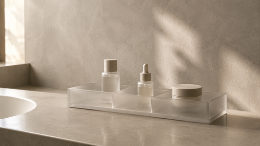 Minimal skincare organizer with separated products and calm visual spacing for stable routines.