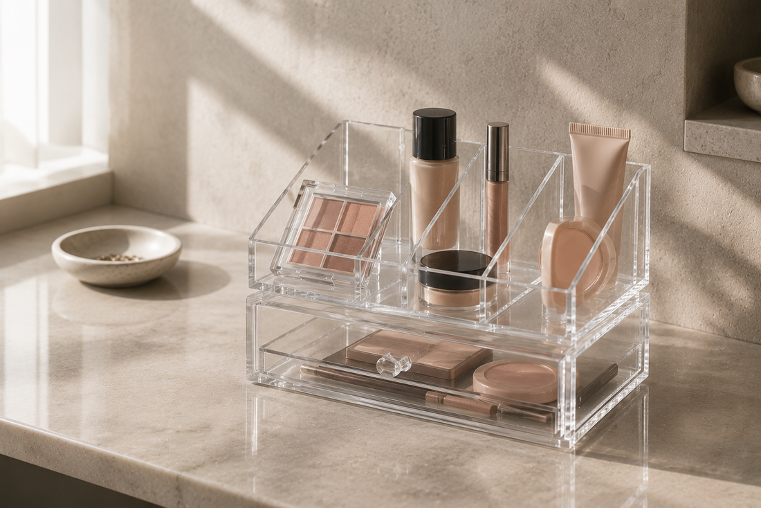 Clear makeup organizer with separated cosmetics and balanced open visibility layout.