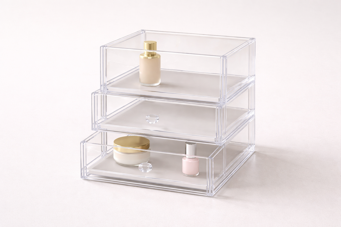 Multi-layer acrylic drawers with minimal items and visible gaps enhancing clarity and quick recognition.