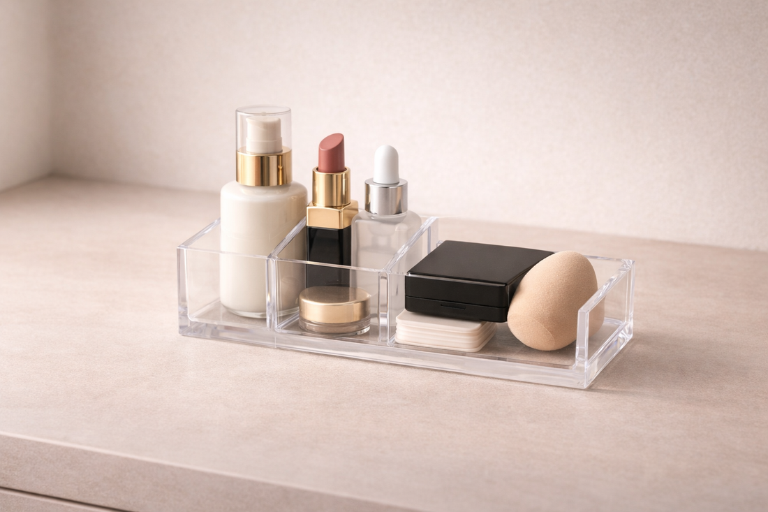 Common makeup storage mistakes that disrupt daily routines featuring an acrylic organizer with skincare, lipstick, and a beauty blender