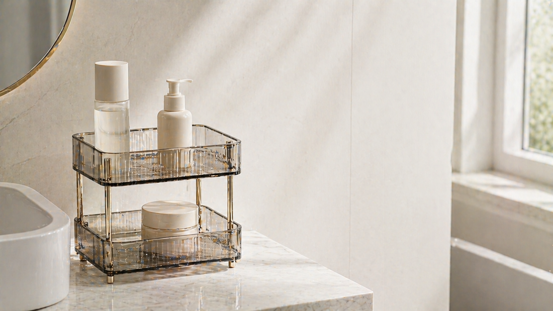 Bathroom vanity organizer with three items arranged in compact vertical structure for small spaces
