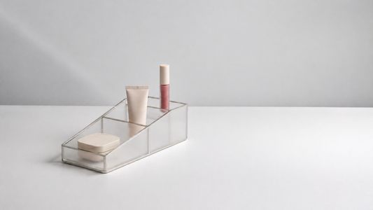 Makeup arranged compactly on a small counter.