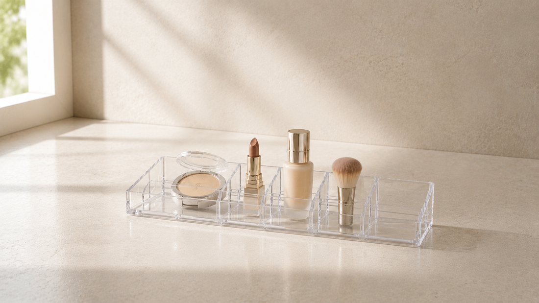 Compact makeup organizer with clean spacing on a small vanity counter.