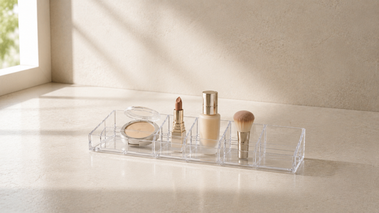 Compact makeup organizer with clean spacing on a small vanity counter.