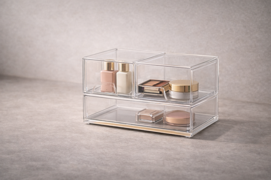 Clear drawer organizer holding daily makeup essentials in a compact structured layout.