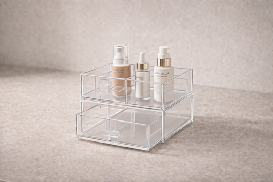 Drawer organizer with compact layout and clearly spaced daily makeup essentials