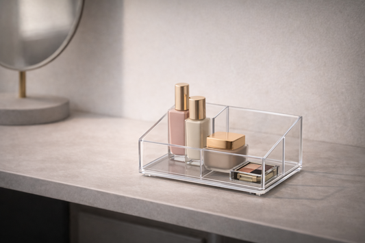 A compact makeup organizer holding small makeup items in a clean structured vanity layout.