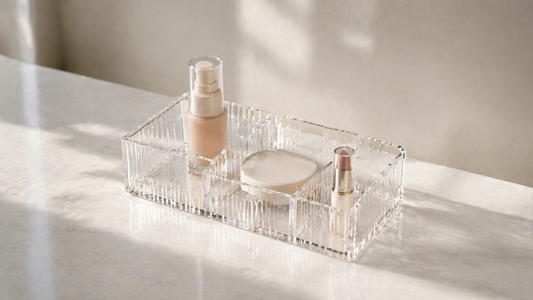 compact makeup organizer with 3 items placed in separate compartments with clear empty space for efficient morning routine setup