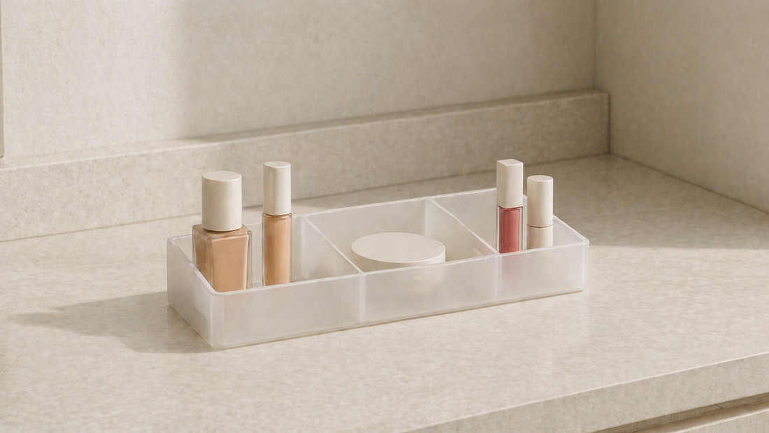 Compact makeup organizer with grouped daily items and clear spacing.