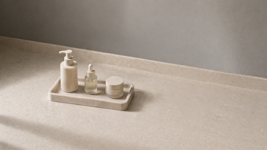 Skincare arranged on a small counter.