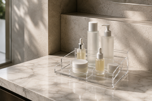 Compact skincare organizer arranged on limited bathroom counter space