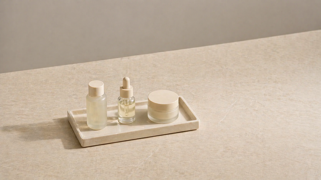 Skincare arranged on a compact tray.