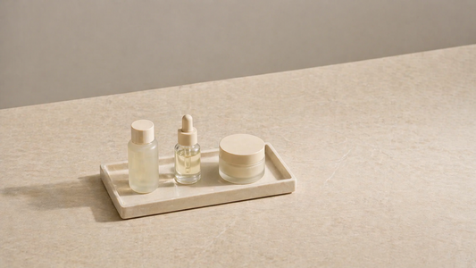 Skincare arranged on a compact tray.