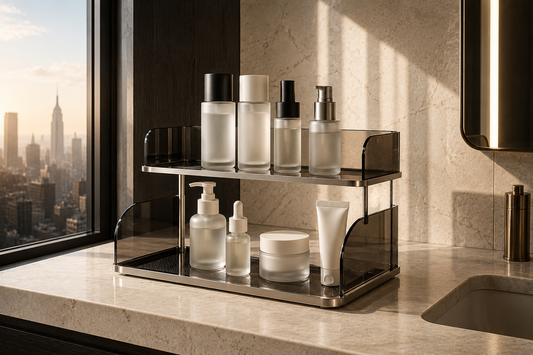 Compact skincare organizer arranged efficiently on vanity surface.