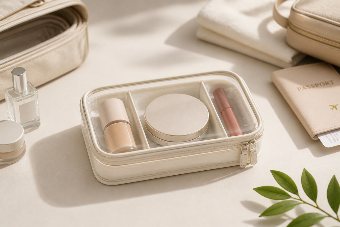 Compact travel beauty organizer with grouped items and clear spacing.