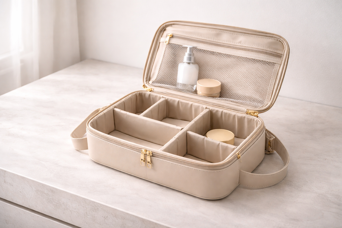 High-end 16:8 horizontal PNG of a standalone unbranded premium beige travel cosmetic bag with dividers, featuring a compact layout with zero clustering and 70% negative space inside the frame to maximize visual flow and reduce repacking effort.