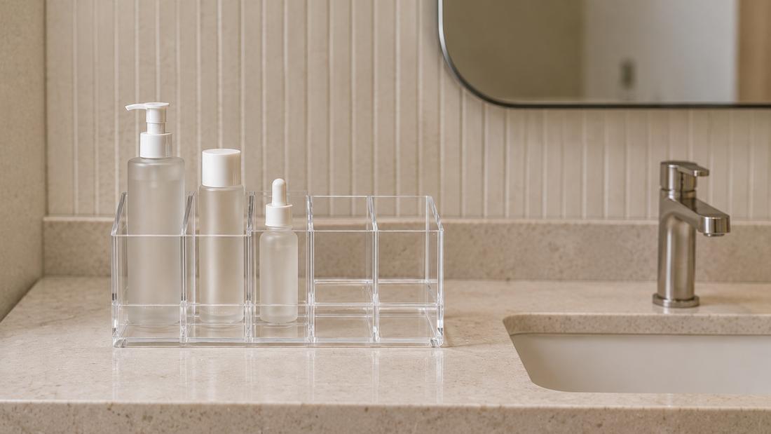 Compact bathroom vanity organizer placed beside a small sink with open counter space.