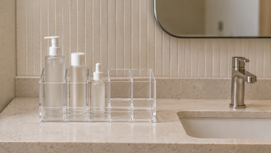 Compact bathroom vanity organizer placed beside a small sink with open counter space.